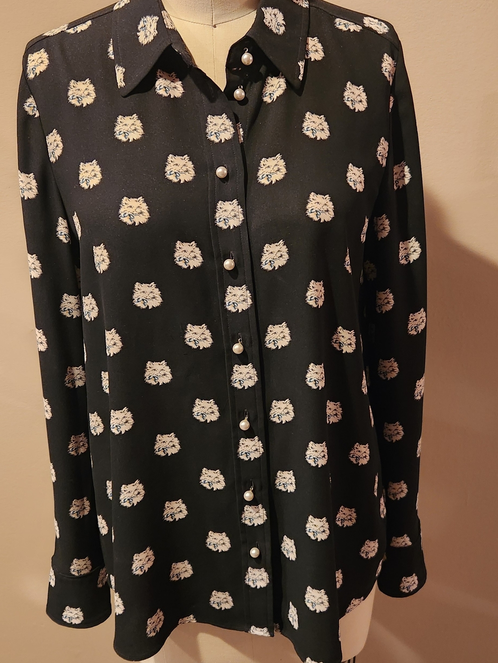 kate spade Black Blouse with Cream Cat Head Print